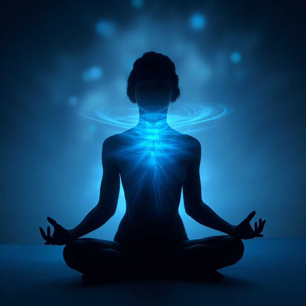Serene illustration of a human silhouette focusing on the throat area, with soft glowing blue waves of sound frequencies flowing through the neck, symbolizing emotional release and relaxation, calm background with subtle meditation pose.