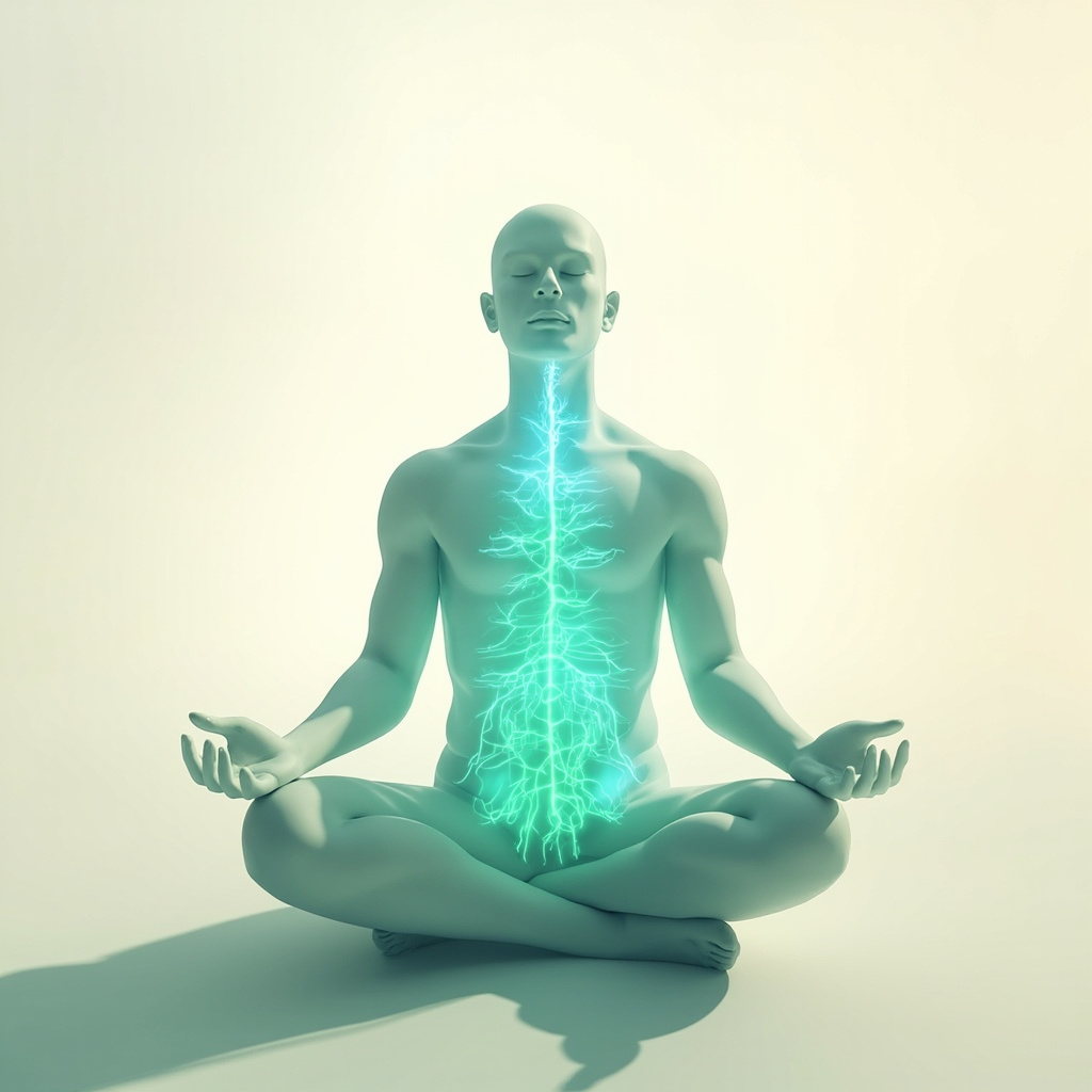 Prompt: Serene illustration of human silhouette with glowing adrenal glands, medulla highlighted in blue pulsing stress waves turning to calm green flows, meditative pose overlay, soft light background for health blog.