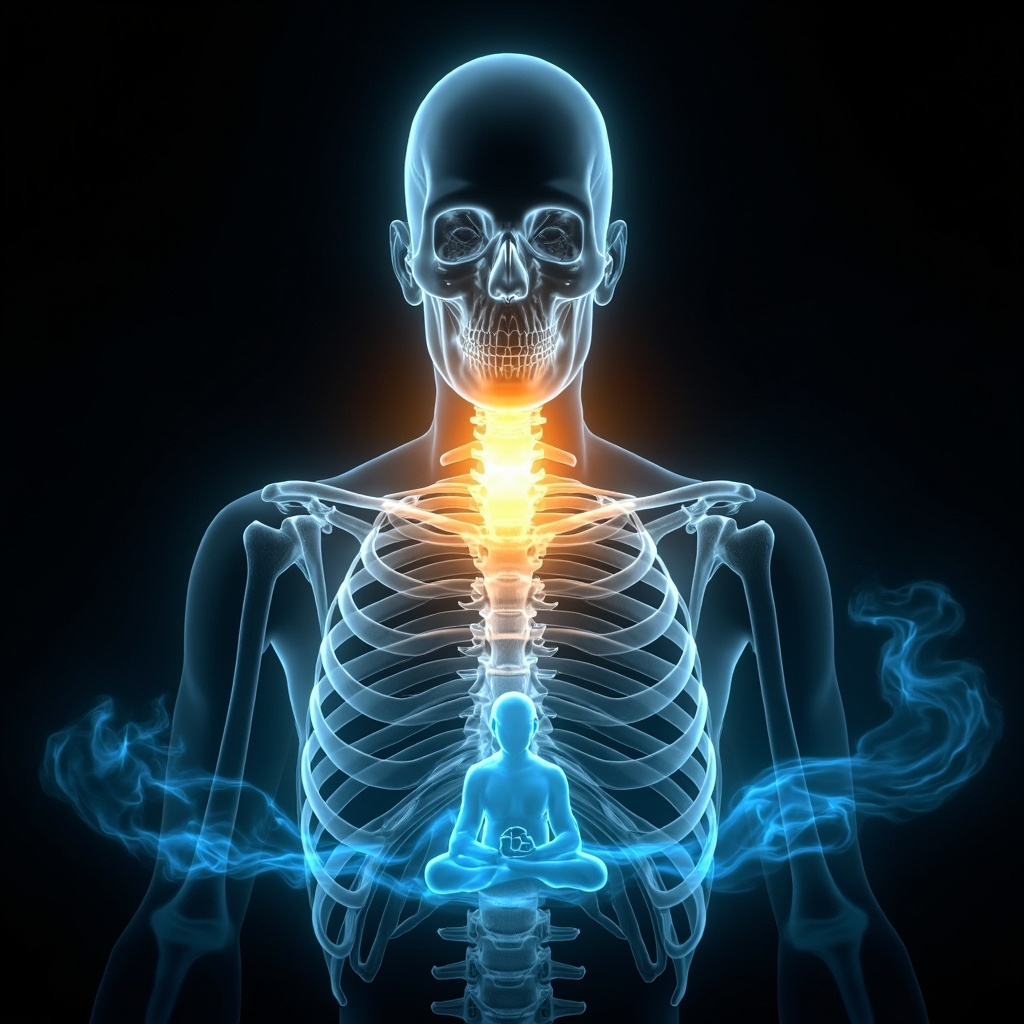 Illustration of a human spine with the T6 vertebra in the mid-thoracic region highlighted in golden light, a person in a serene lotus meditation pose overlayed, soft blue energy waves emanating from the back symbolizing calm and emotional balance