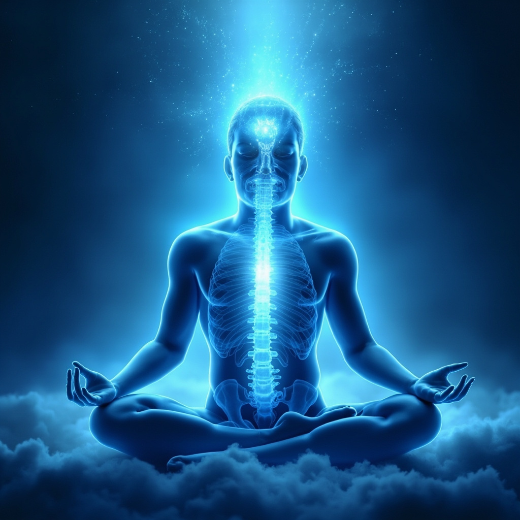 Serene digital illustration of the human neck spine highlighting the glowing C5 vertebra, with ethereal connections to shoulders, diaphragm, throat, and vocal cords; a person in gentle meditation pose in soft blue healing light background.