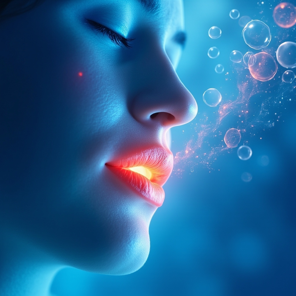 Illustration of a glowing human mouth with soft energy waves calming red stress inflammation spots, surrounded by subtle speech bubbles and serene blue meditation aura.