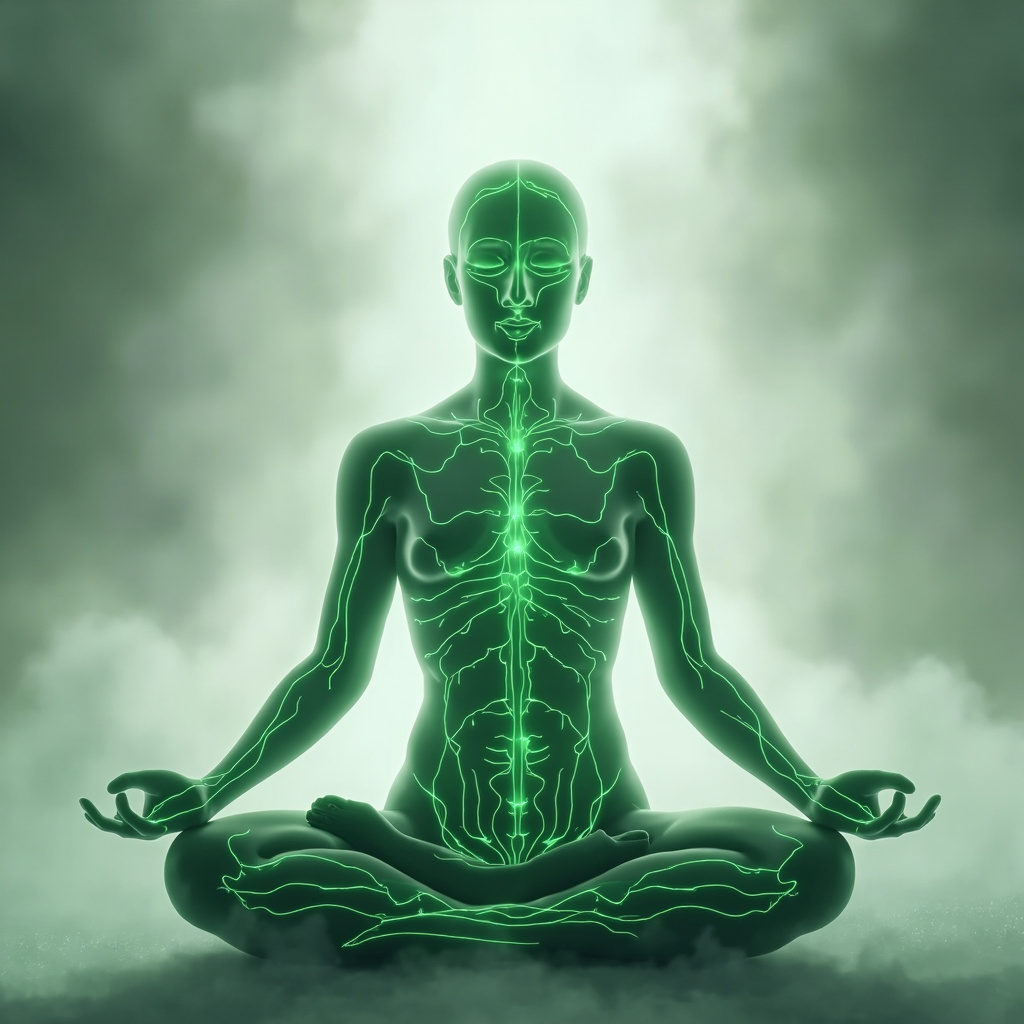 Serene illustration of the human body with glowing green energy lines tracing the Liver meridian from big toe to head, person in lotus pose meditating, soft calming background.