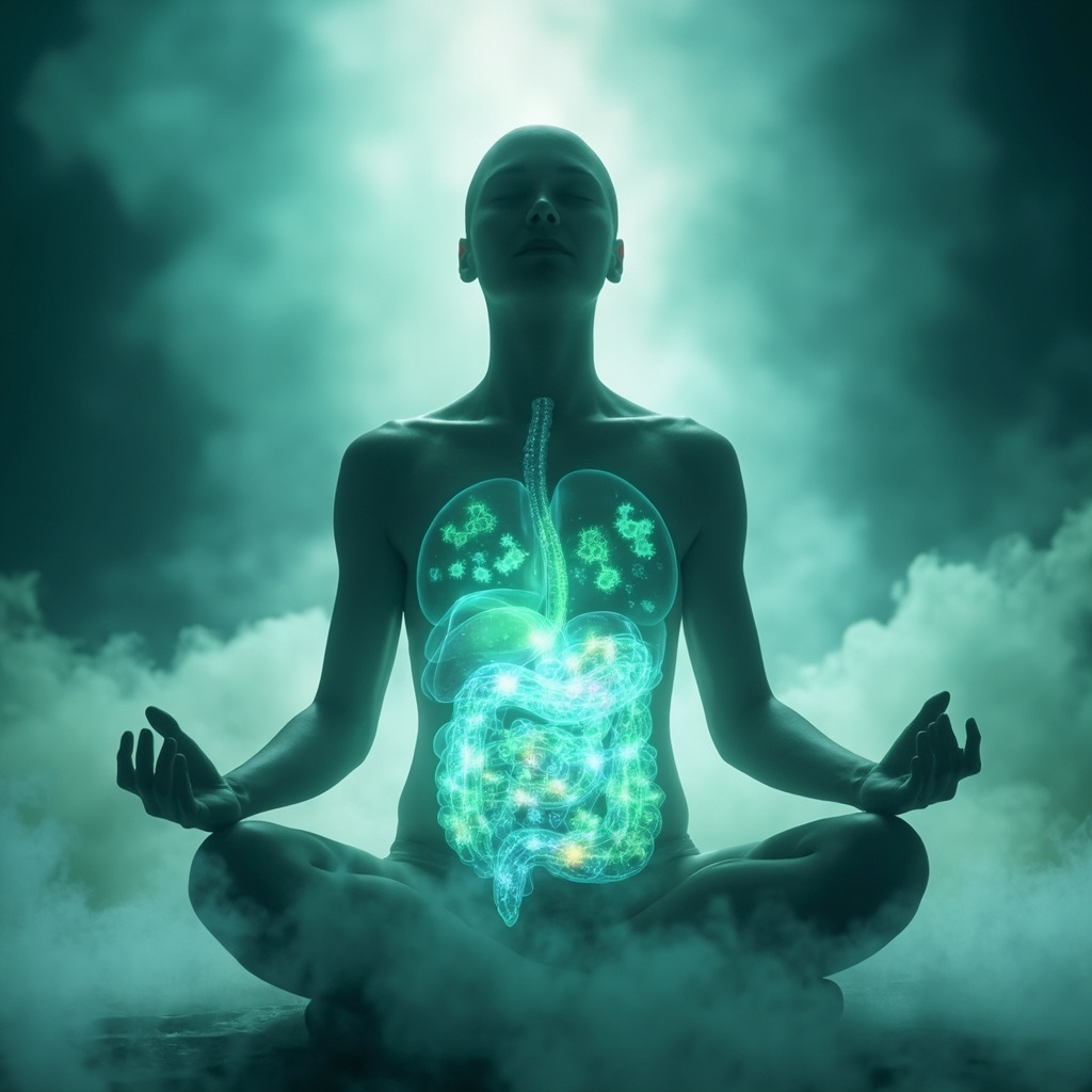 Serene illustration of a person in lotus pose meditating, with a glowing harmonious gut microbiome visualized as balanced bacteria in soft blues and greens, evoking calm and emotional balance.