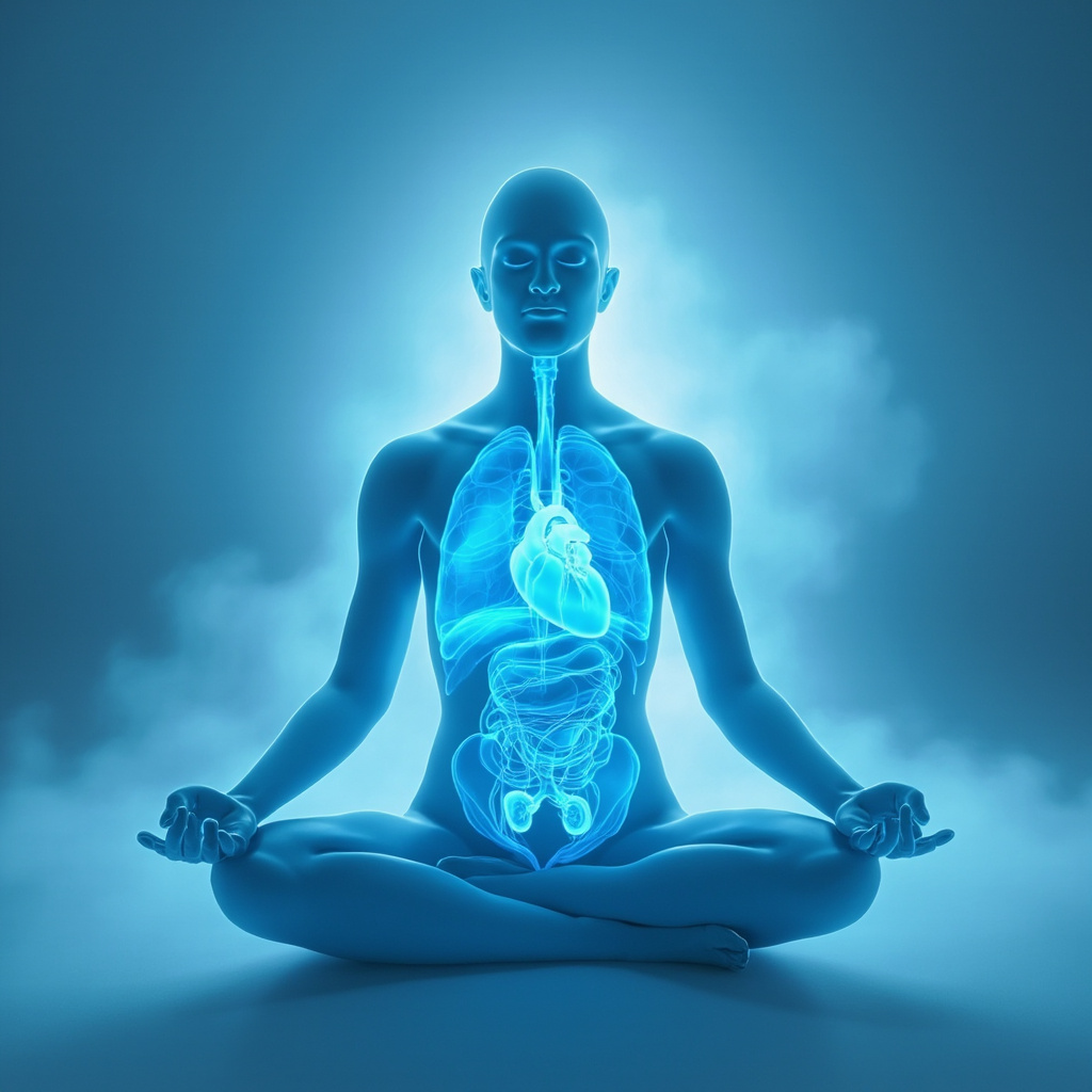 Serene illustration of a meditating human figure with glowing vital organs including heart, lungs, liver, and kidneys emitting soft blue healing energy waves, calm meditative pose, peaceful background.