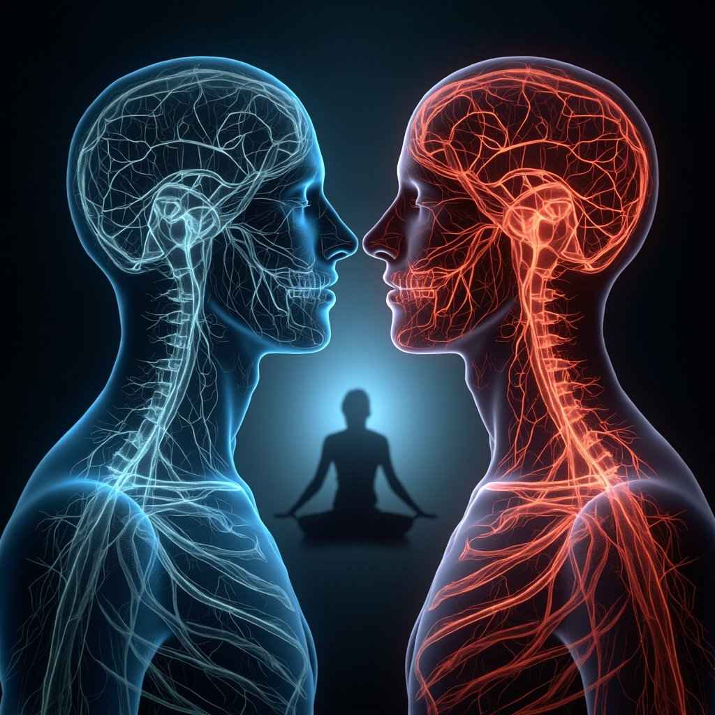 Prompt: Serene illustration of human nervous system glowing blue in calm state versus red tense state, with meditation figure in background, soft lighting, anatomical accuracy