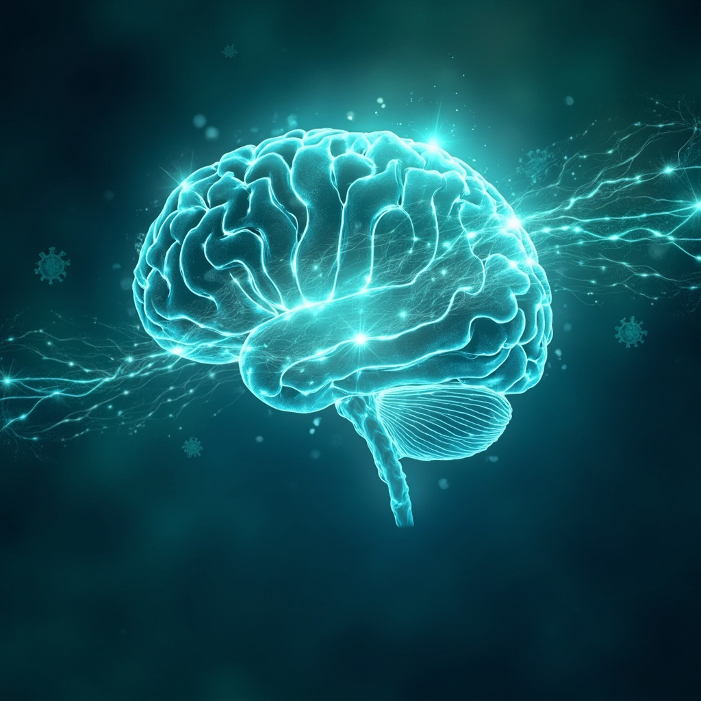 Serene brain illustration with glowing neurons in soft blue and green tones, subtle virus motifs fading into meditative light waves, evoking calm and healing.