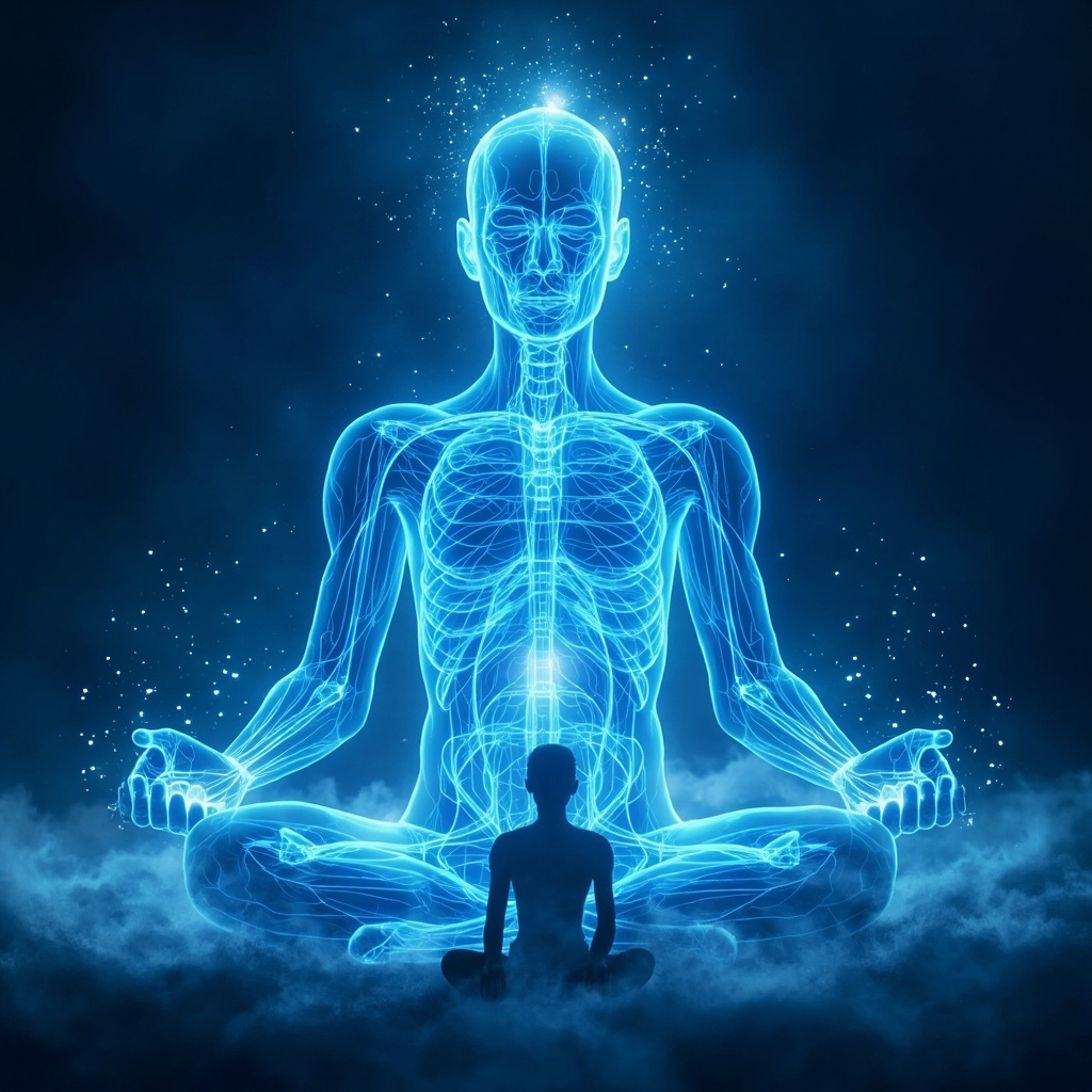 Serene digital illustration of glowing human muscles and neural pathways in soft blue tones, enveloped in a meditative aura with a peaceful yogi silhouette, ethereal light calming the body