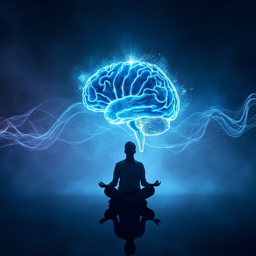 Prompt: Serene illustration of a person meditating with glowing energy waves balancing inflamed blood vessels, subtle rash fading on skin, calm face overcoming feverish anxiety, soft blues and greens, professional health vibe.