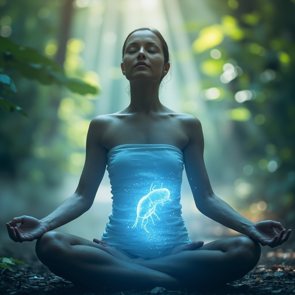 Serene meditator in lotus pose, glowing soft blue aura around calm abdomen, subtle fading parasite illustration dissolving into light, representing healing gut anxiety from Ascaris larvae, peaceful nature background.