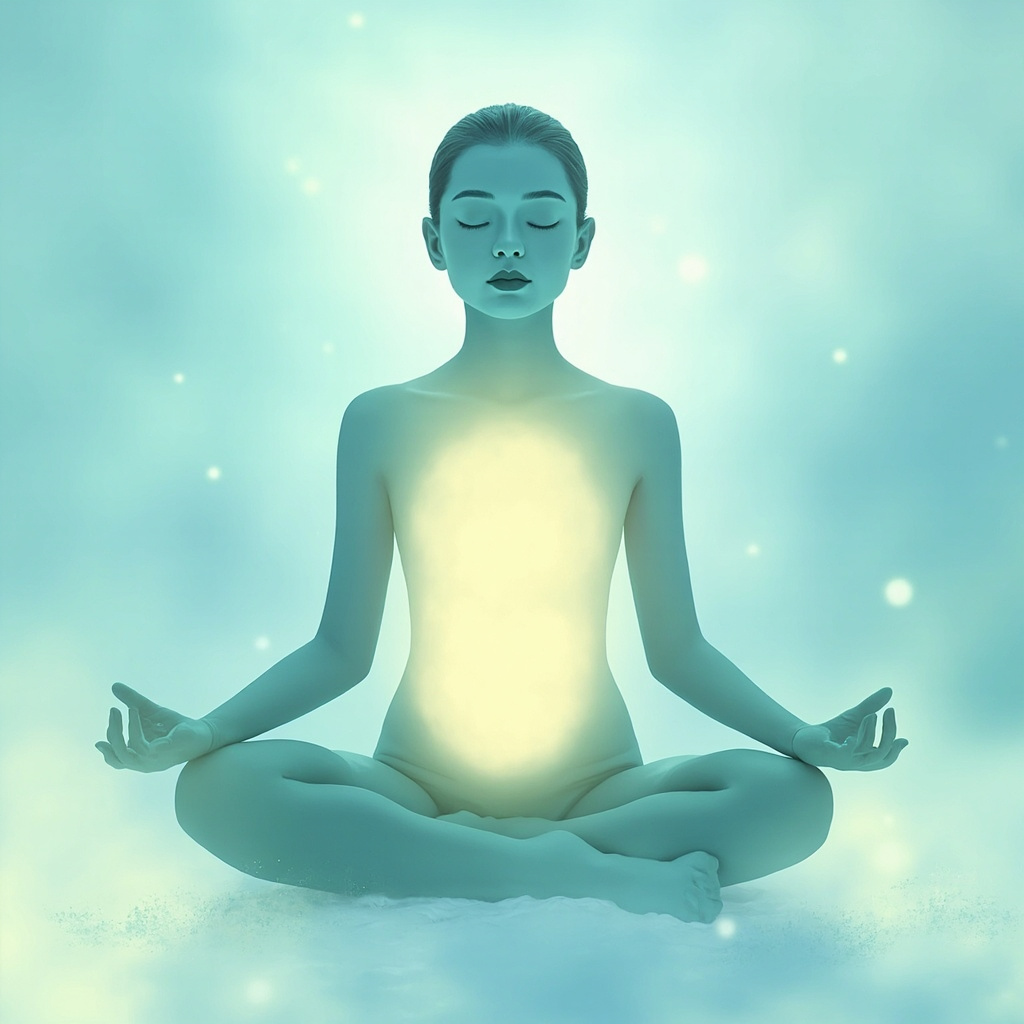 Illustration of a person meditating calmly amid swirling energy waves representing the nervous system, with subtle Lyme tick and Borrelia spirals fading into light, in soft blue and green tones evoking peace and healing