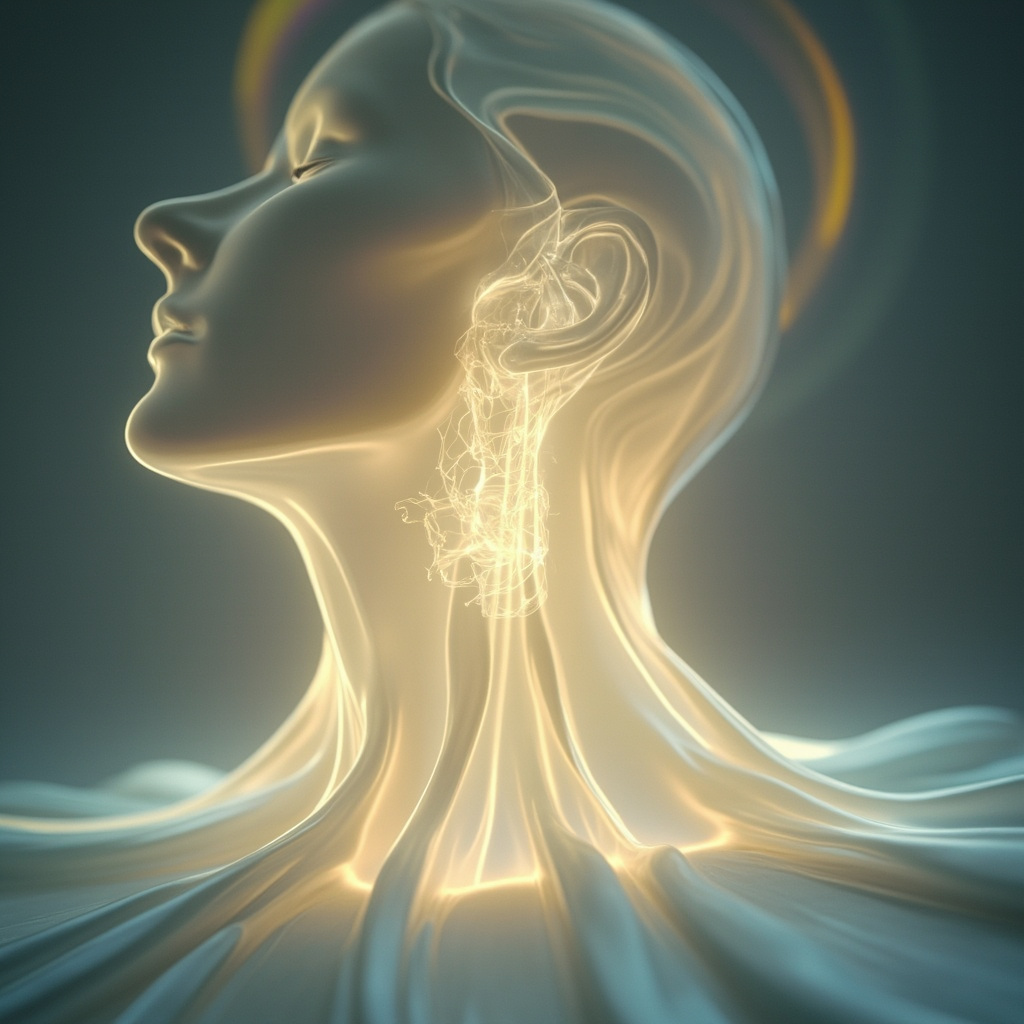 A serene, artistic illustration of a glowing, translucent larynx centered in a balanced, calm neck area, surrounded by soft, flowing light waves representing resonance and harmony.