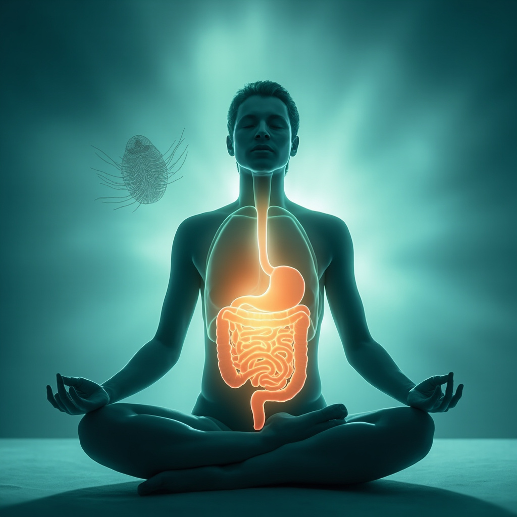 Illustration of a calm person meditating with soft glowing intestines free of parasites, next to subtle Giardia trophozoite diagram, in soothing blues and greens, representing gut healing and emotional balance.