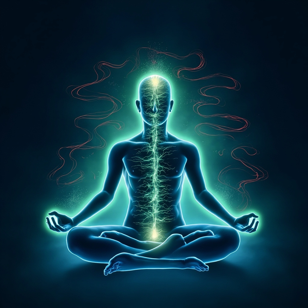 Serene blue-toned illustration of human silhouette with glowing pituitary gland and adrenal glands connected by energy waves, soft frequency lines balancing red stress auras into calm green light, meditative pose