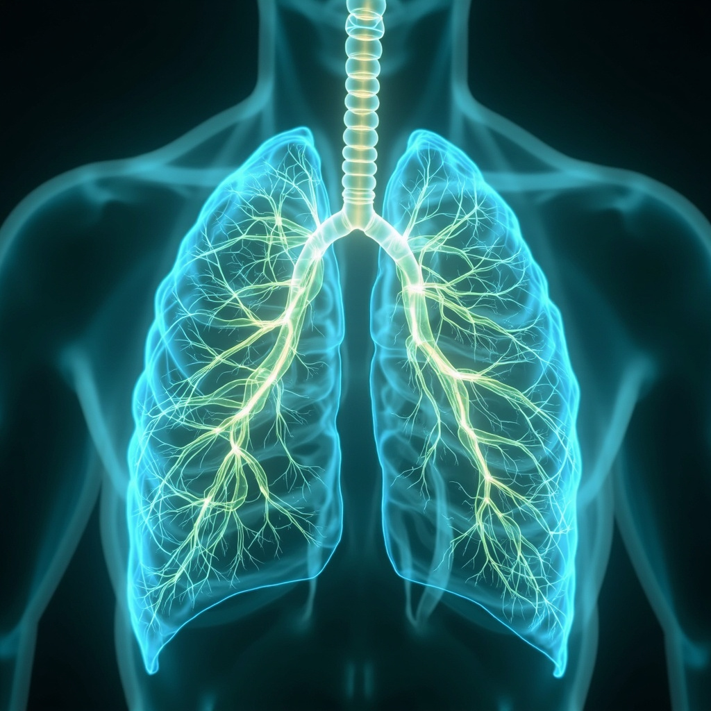 Serene anatomical illustration of the human pharynx in the throat, glowing with soft blue energy waves symbolizing relaxation and emotional flow, calm meditative background with subtle air and speech motifs.