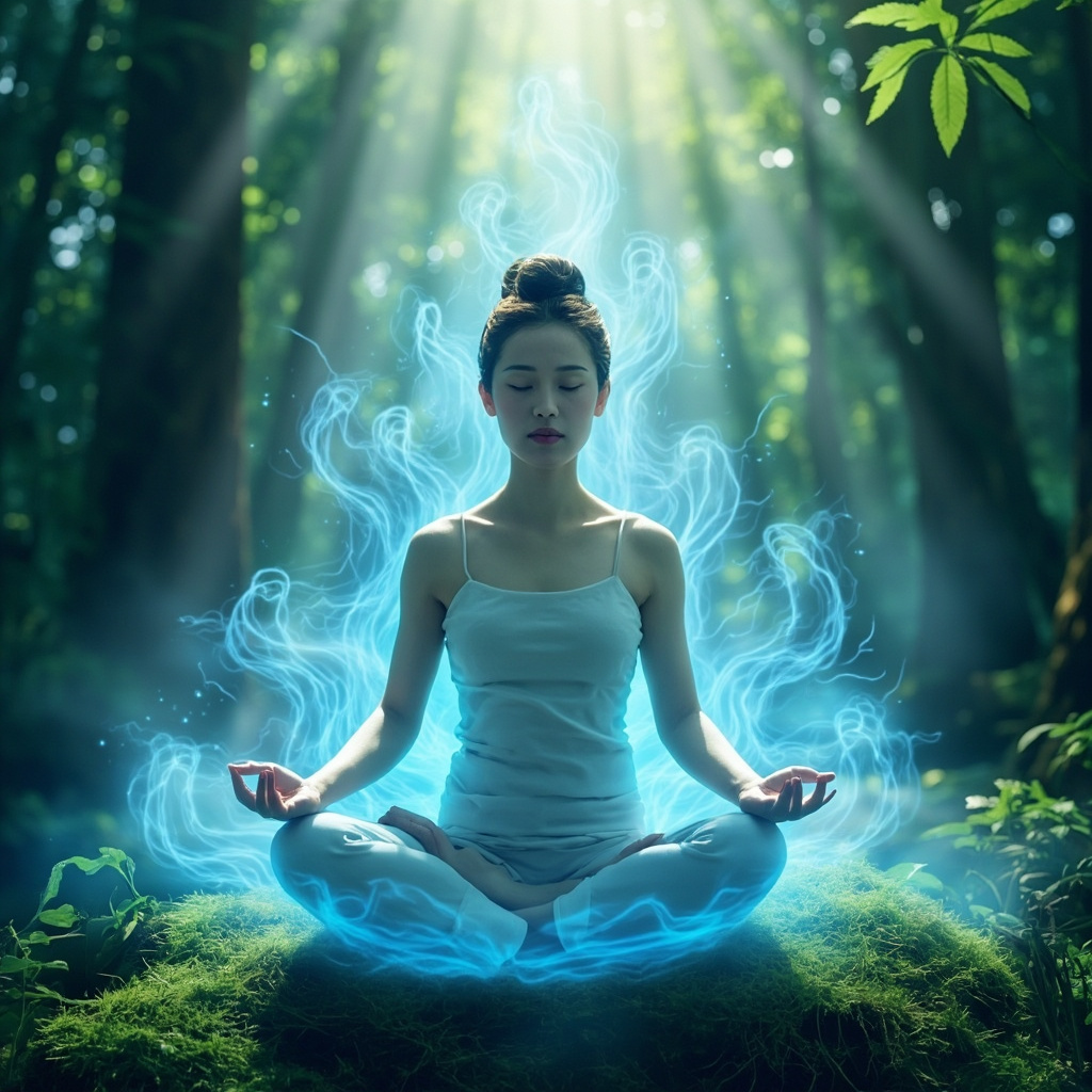 Serene meditator in lotus pose amid soft glowing blue energy waves symbolizing stress reduction, calm forest background, peaceful expression, high resolution illustration
