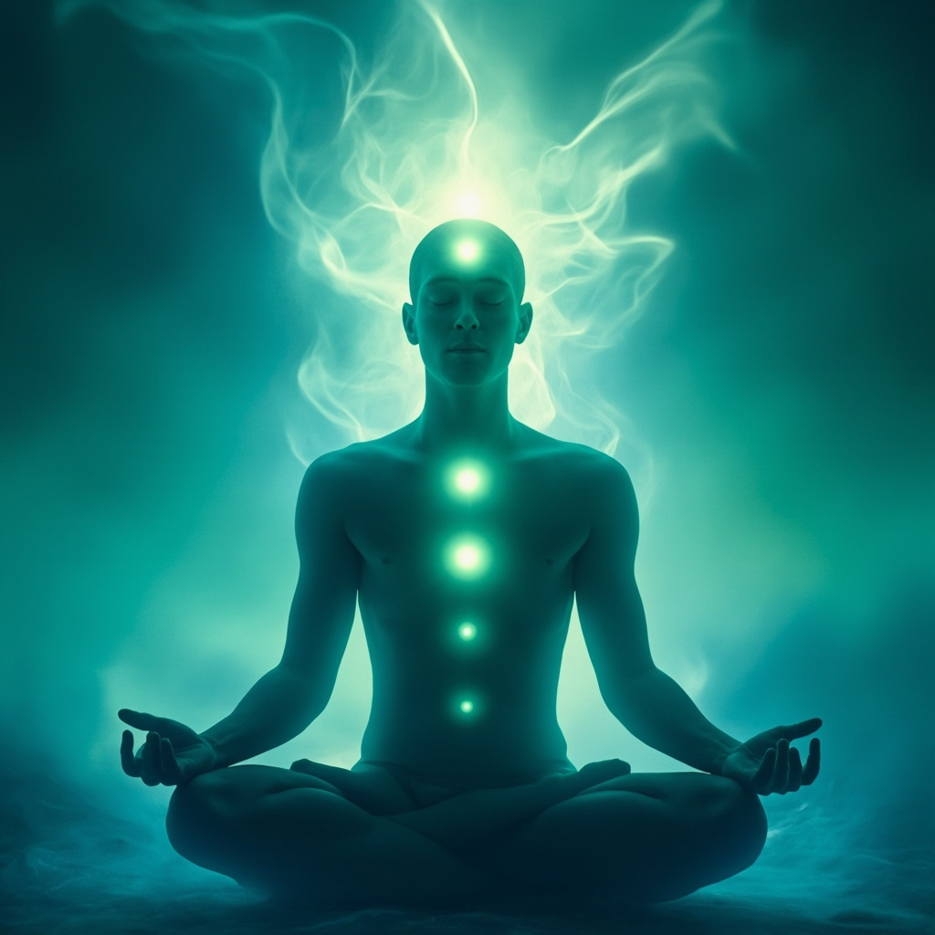 illustration of a person meditating peacefully with soft glowing waves emanating from the forehead and temples, symbolizing tension release and calm energy flow, in serene blue and purple tones, minimalist style