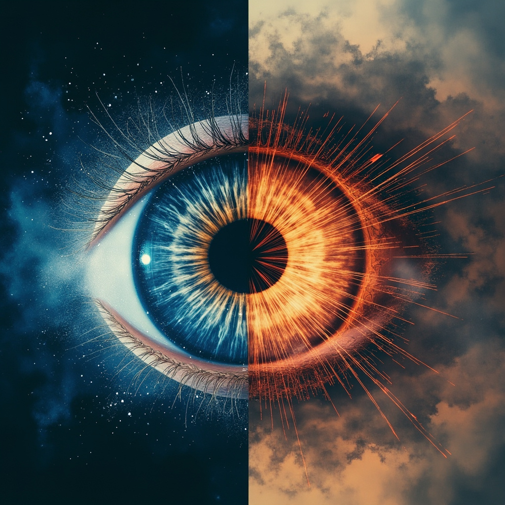 Illustration of a human eye cross-section: clear lens focusing light rays sharply on retina in calm blue tones with meditation aura; contrasted with stressed red-toned cloudy lens causing diffuse blur and emotional fog overlay symbolizing unclear future path