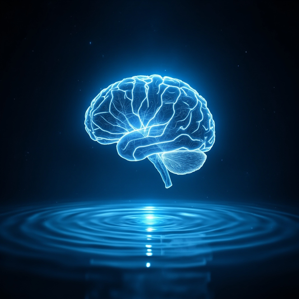 Serene illustration of a human brain glowing with soft blue neural networks and meditative light waves emanating from it, symbolizing rewiring, calm, and emotional balance.