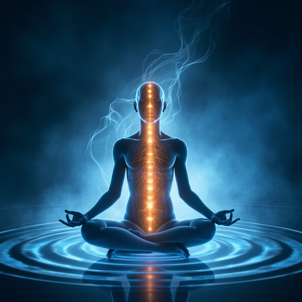 Serene digital illustration of the sympathetic nervous system along the spine, glowing orange for activation fading to blue calm waves from meditation, with a person in lotus pose breathing peacefully, soft ethereal light