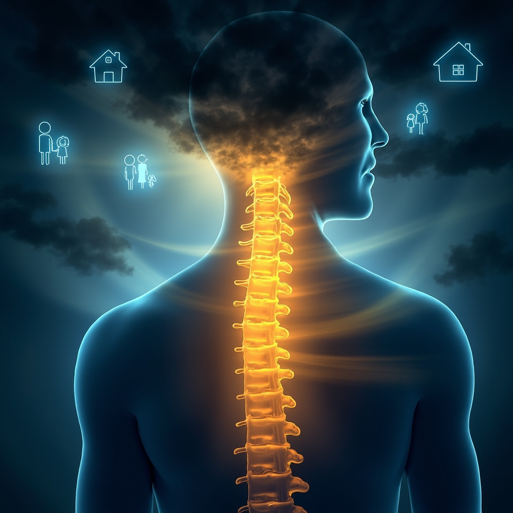 Illustration of the human spine with T6 vertebra highlighted in golden light in the mid-back area, surrounded by soft icons of a cozy home, family silhouettes, and fading dark clouds of fear transforming into rays of security and peace, serene blue tones.