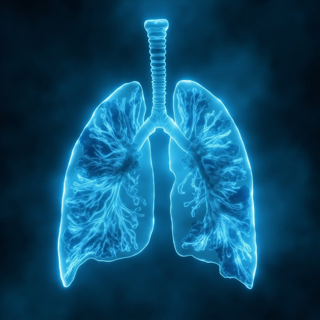 Serene illustration of human lung lobes glowing softly in blue, with ethereal waves of fear and grief transforming into calm breath flows, meditative background, high resolution