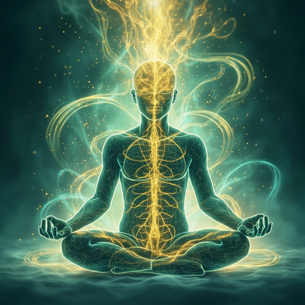Serene illustration of a meditator in lotus pose with glowing neural pathways in the brain transforming tryptophan into golden serotonin waves, surrounded by soft blue and green energy flows symbolizing calm mood and restful sleep.