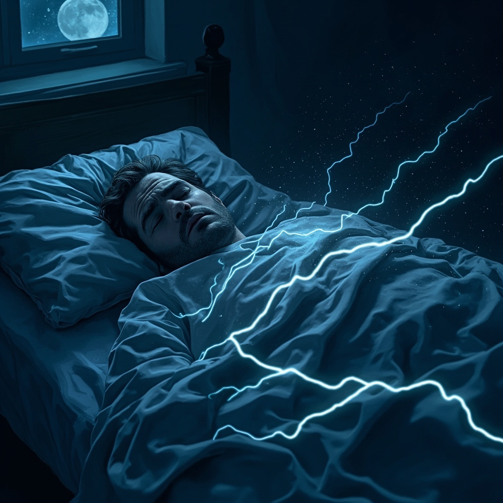 Illustration of a tired person in bed at night, with subtle glowing underground lines and magnetic fields distorting around the body, symbolizing geopathic stress causing fatigue and sleep issues, serene blue tones.