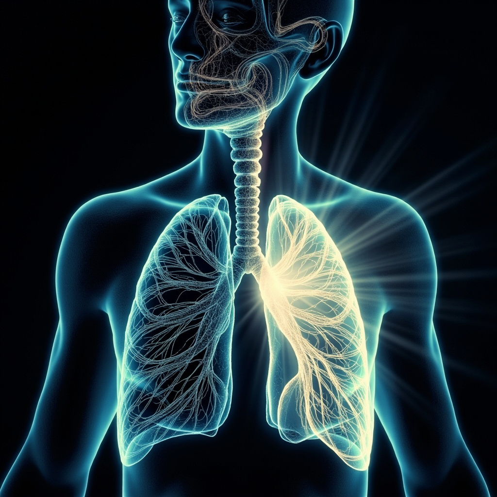 Illustrative diagram: constricted bronchi smooth muscles under fear (dark, tight), relaxing to open airways during calm meditation (light, flowing), with subtle nervous system links and serene breathing figure.