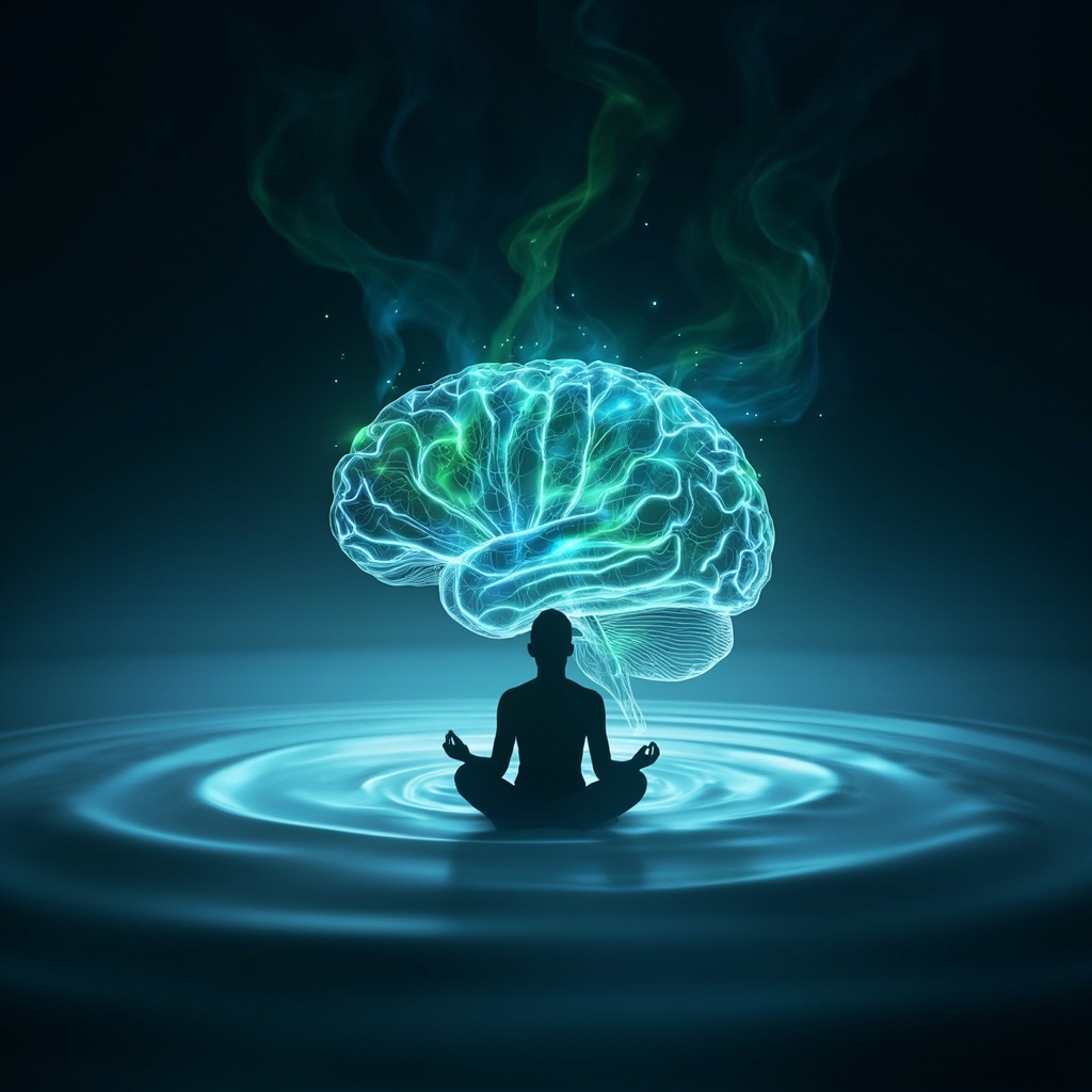 Serene human brain with glowing neural networks in soft blue and green waves, surrounded by meditative sound frequencies and a calm meditating silhouette, high-resolution illustrative art.