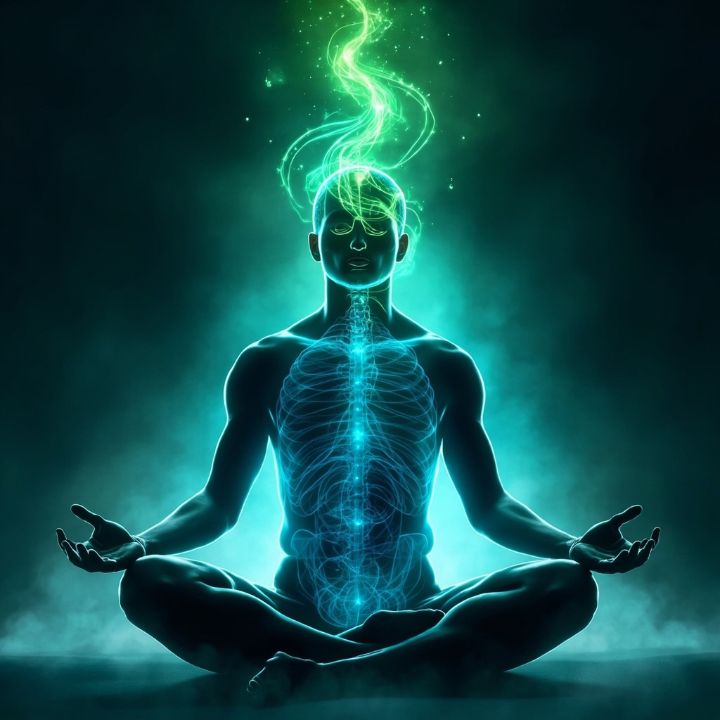 Serene person in meditation pose, soft glowing blue frequency waves cleansing red inflamed muscles from parasitic cysts, calming green energy balancing nerves and brain, illustrative wellness style, high resolution