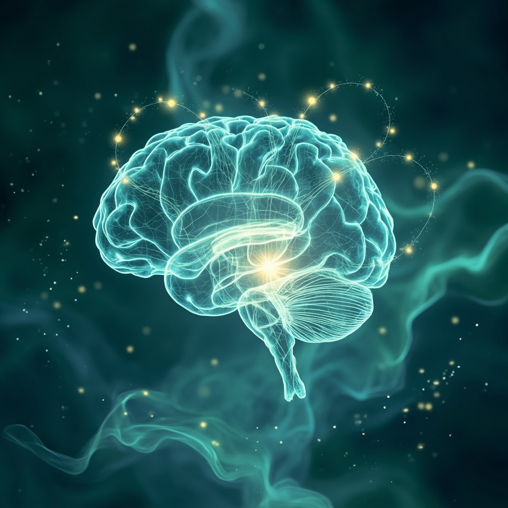Serene illustration of interconnected brain, glowing heart, and neural network with harmonious energy waves in soft blues and greens, evoking calm meditation and balance.