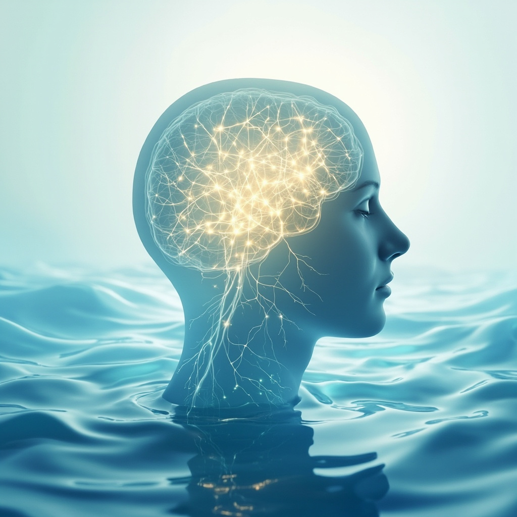 Serene illustration of interconnected glowing neurons in a human brain silhouette, with soft blue waves representing meditation and emotional balance, calming light background
