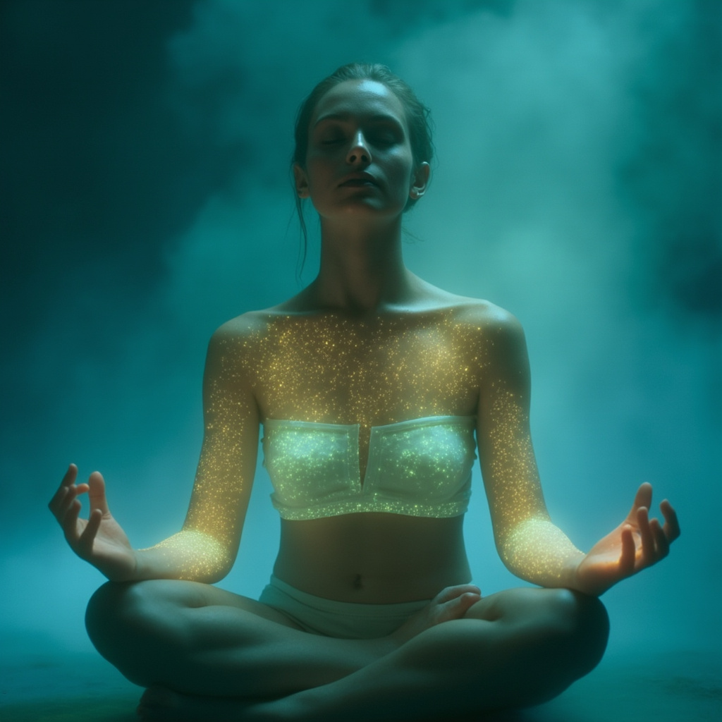 A serene person meditating in soft light, with faint hives on arms fading into clear glowing skin, calming blue and green tones, peaceful atmosphere.