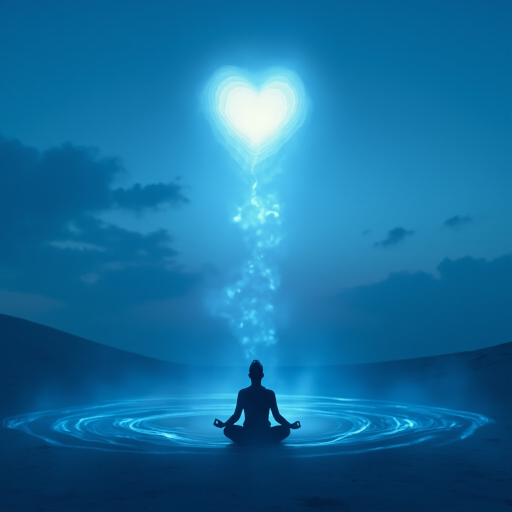 Serene glowing heart symbol with soft blue waves of calming energy, a meditating figure breathing deeply in a peaceful natural setting, minimalist style.