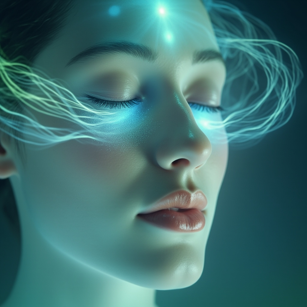 Serene close-up of a human face in meditation, softly glowing maxillary sinuses under cheeks with flowing breath waves and calming light connecting to heart and brain, in pastel blues and greens.