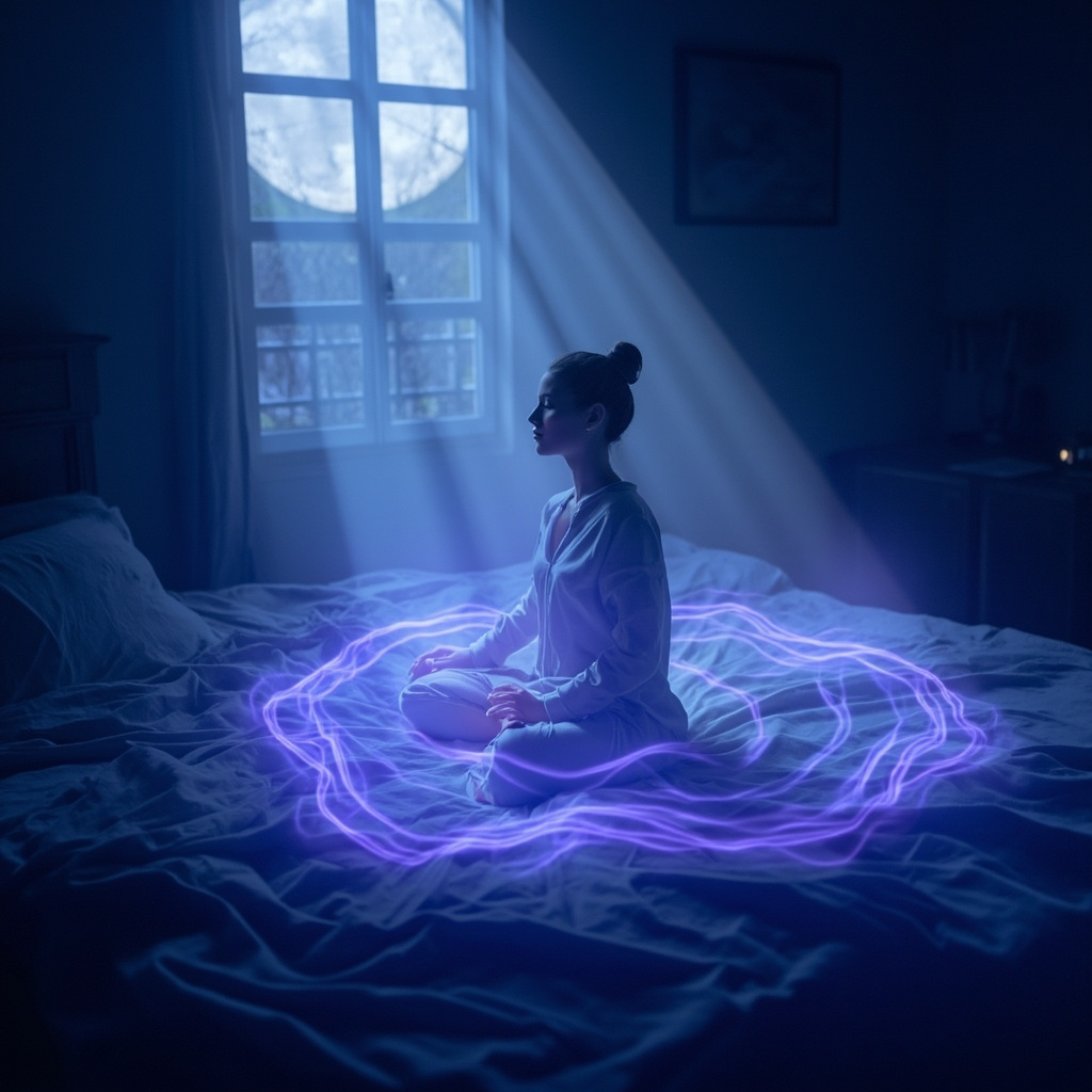 Serene bedroom at night with a person in meditation pose on bed, soft glowing energy waves calming the mind, moonlight filtering through window, peaceful blue and purple tones.