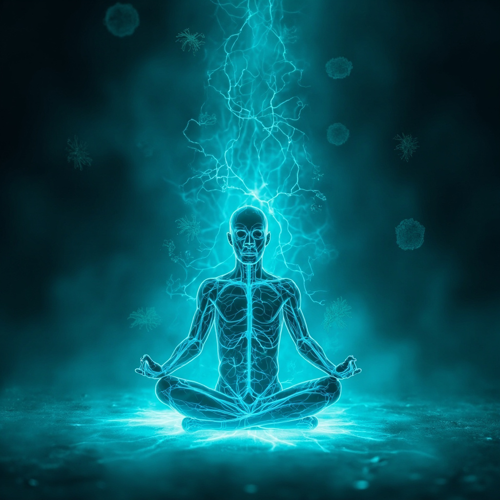 Serene meditative figure in lotus pose, surrounded by soft glowing blue neural networks and protective energy shields, evoking nervous system calm and emotional safety against subtle shadowy bacterial forms.