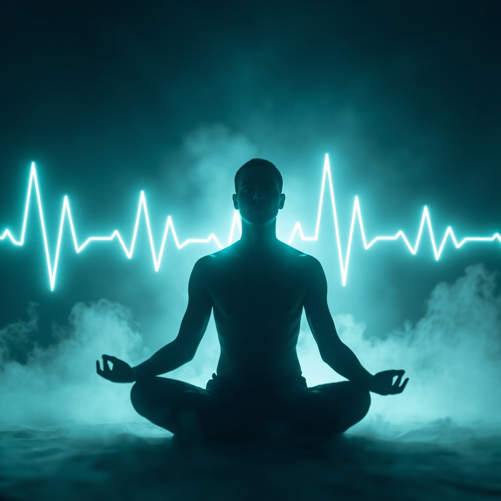 prompt: Serene ECG waveform showing healthy millisecond variations in heartbeats, with a meditative figure breathing calmly in soft blue-green tones, evoking nervous system balance and inner peace
