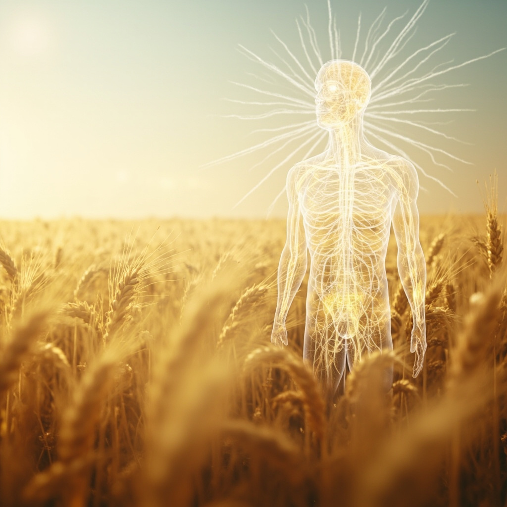 Serene golden rye field under soft blue sky, subtle ergot sclerotia glowing with calming frequency waves overlaying a balanced human nervous system in relaxing pose, ethereal healing light.