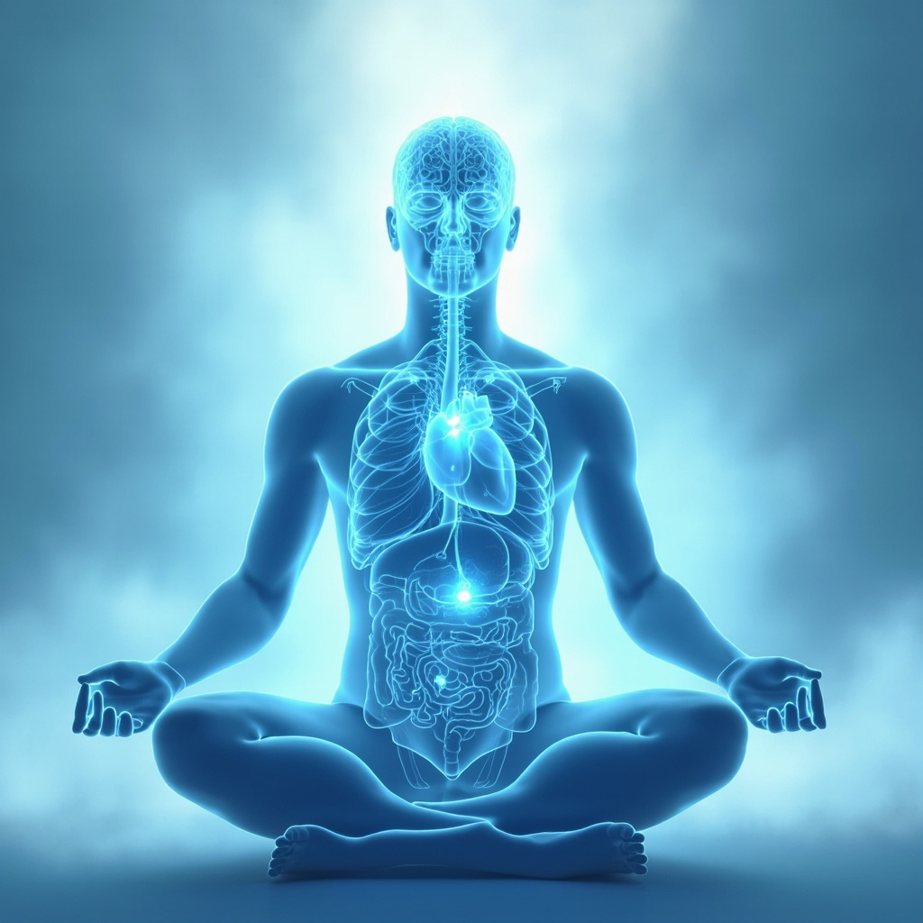Serene digital illustration of human figure in lotus pose, glowing blue parasympathetic nerves from brain to heart, gut, lungs; icons of relaxed digestion, calm mind, soft light background evoking peace.