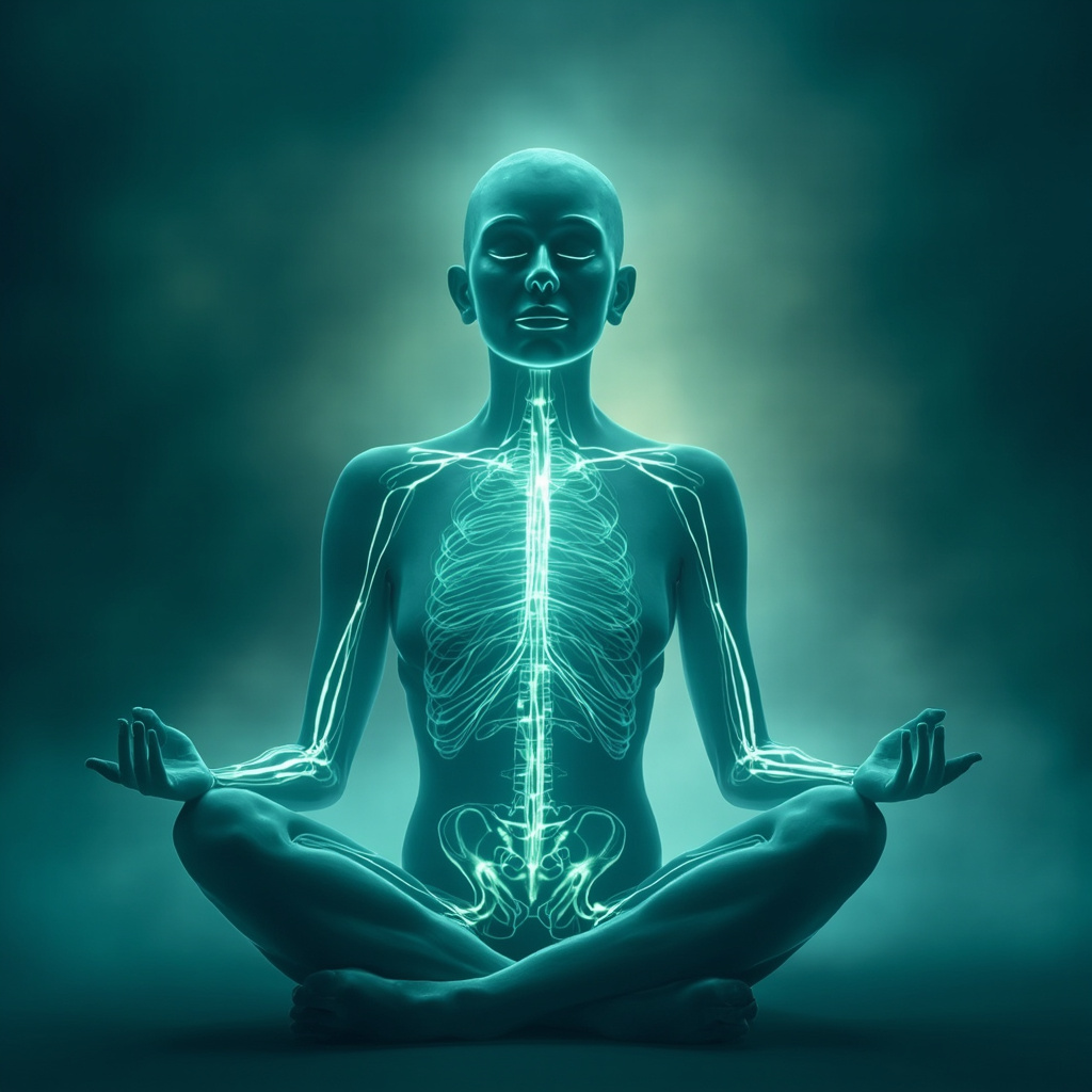 Serene illustration of a person meditating with soft glowing lines representing the parasympathetic nervous system and vagus nerve, in calming blue and green tones, evoking rest and emotional balance.