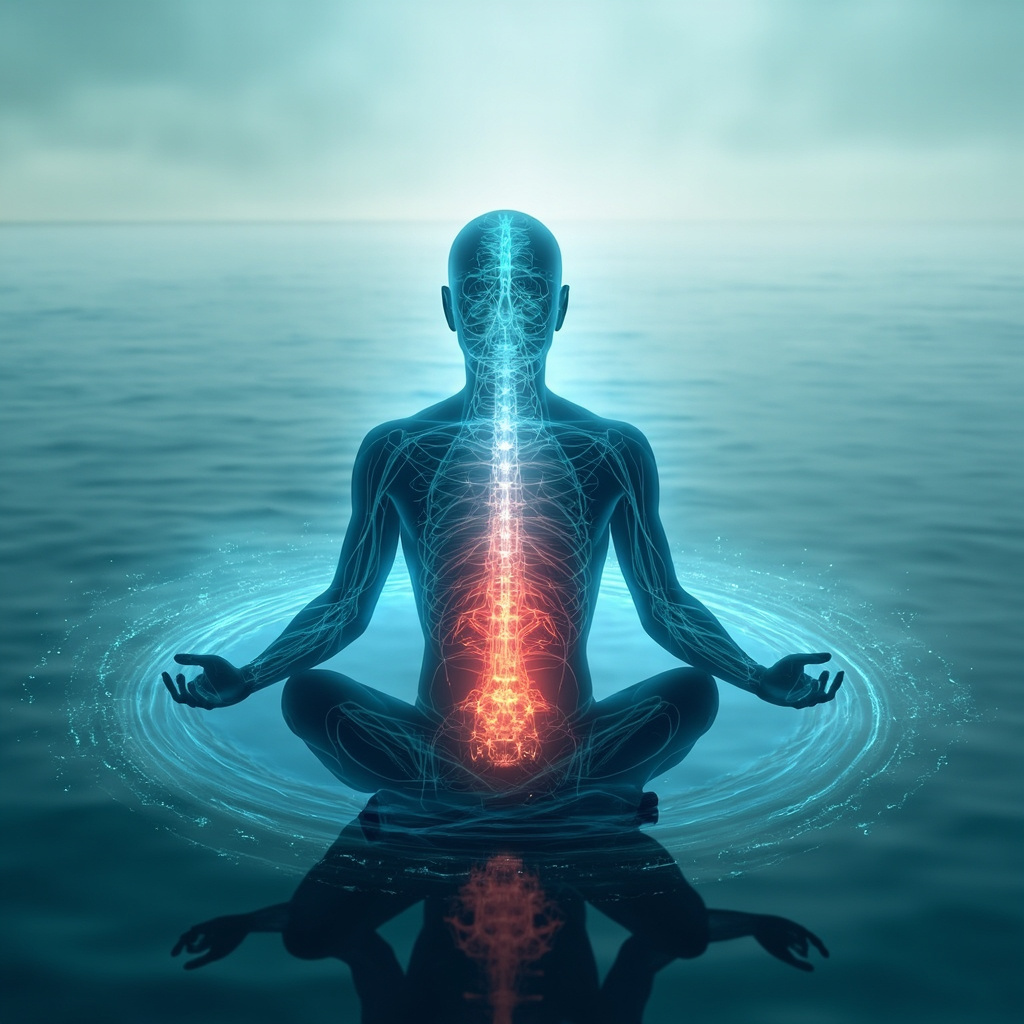 Serene digital illustration of a human silhouette with glowing blue parasympathetic nerves calming red overactive sympathetic nerves along the spine, meditation pose, soft waves of sound frequencies balancing them, calm ocean background.
