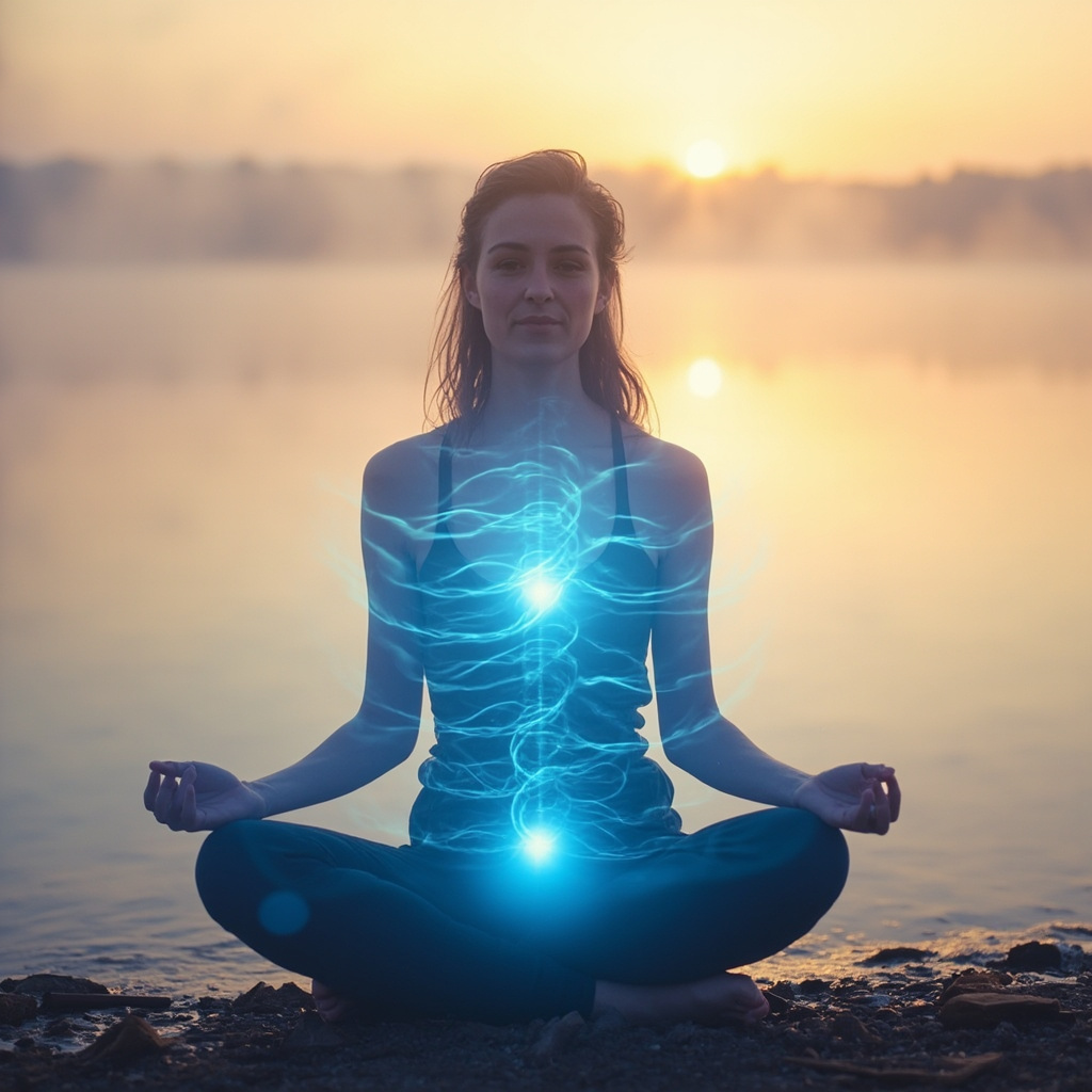 Serene person in lotus pose at sunrise by a tranquil lake, with subtle glowing blue energy waves flowing from head to heart and abdomen, representing parasympathetic nervous system activation and calm healing.