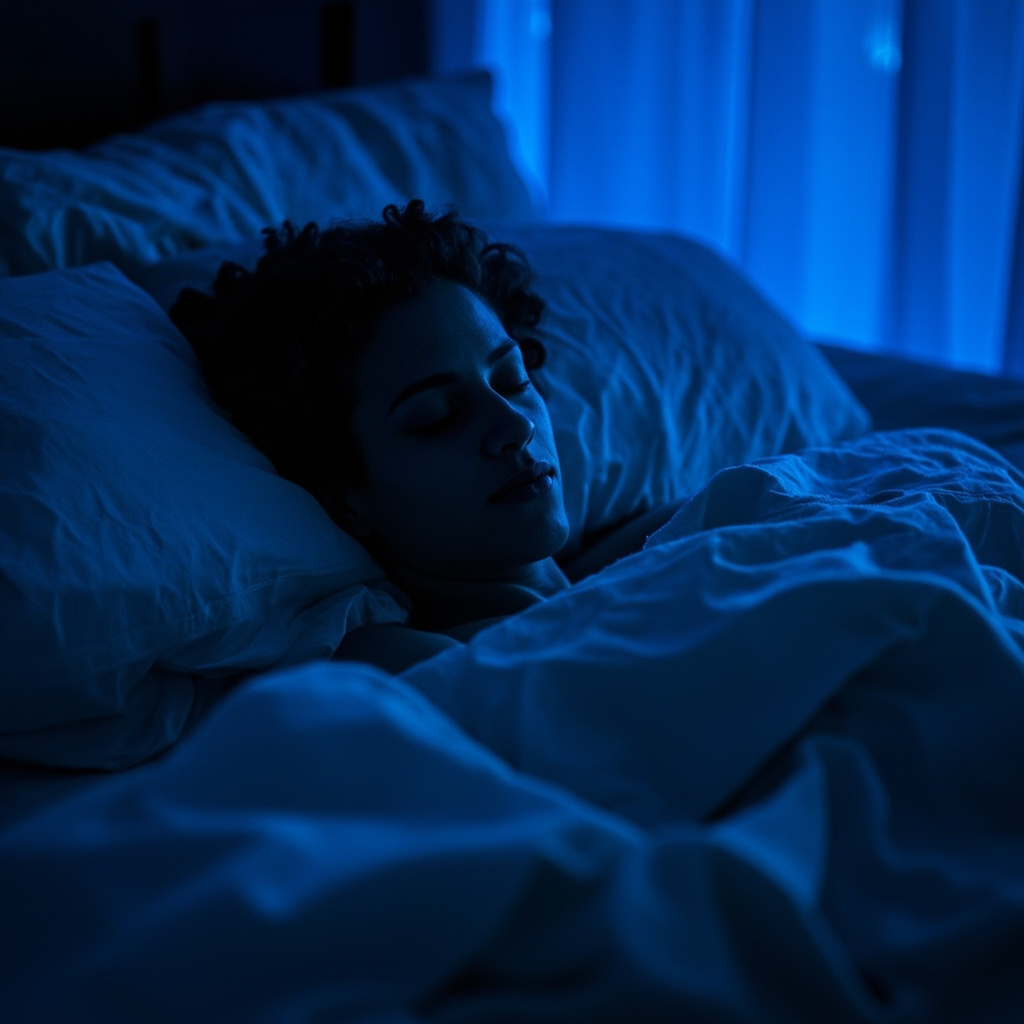 A serene, dimly lit bedroom at night with soft, blue-toned lighting, focusing on a person resting peacefully with a sense of calm and deep breathing.