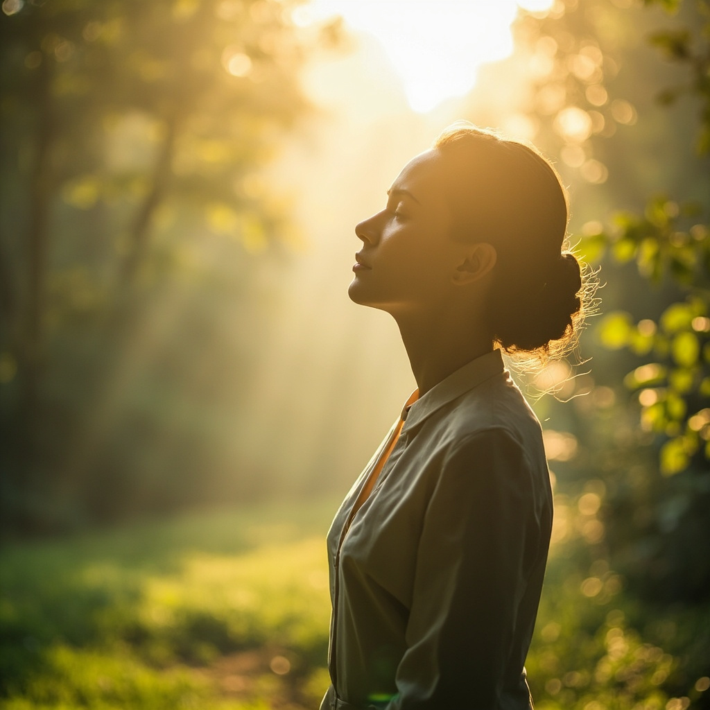 A calm, professional image of a person taking a deep, mindful breath in a serene natural environment, soft lighting, high quality, realistic.