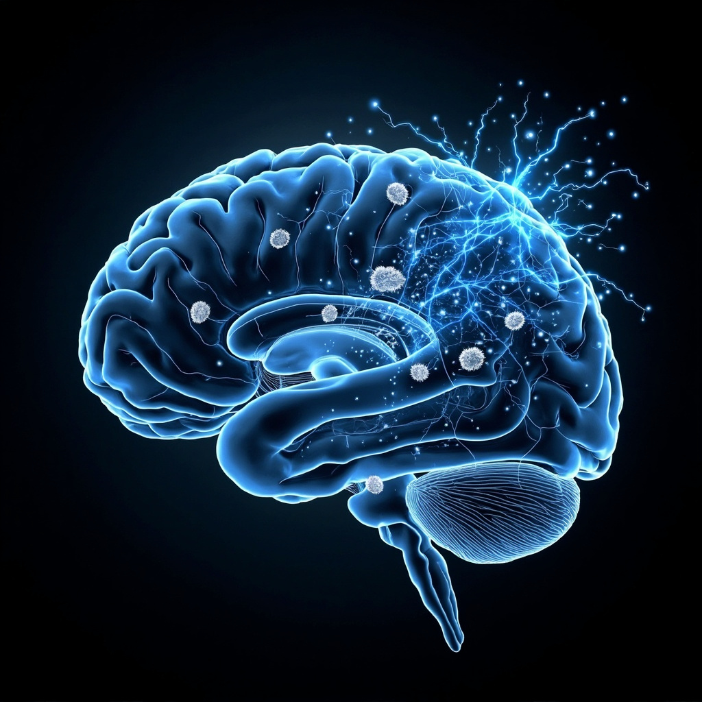 Professional medical illustration of a human brain cross-section showing subtle parasitic cysts in blue tones, with glowing electrical signals disrupted around them, educational style for health article