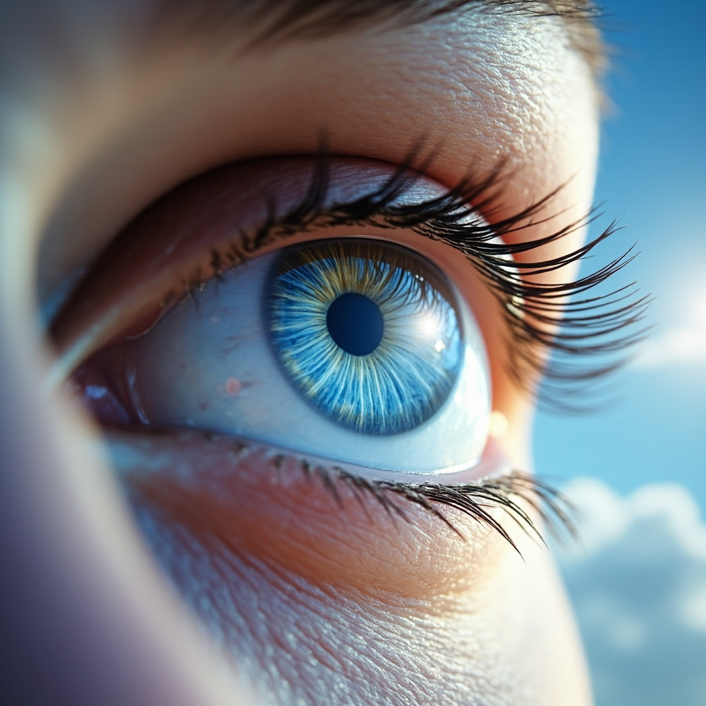 Serene close-up of human eyes reflecting clear blue sky and light rays, with subtle glowing energy waves symbolizing emotional balance and healing frequencies, soft meditative aura, professional health illustration style.