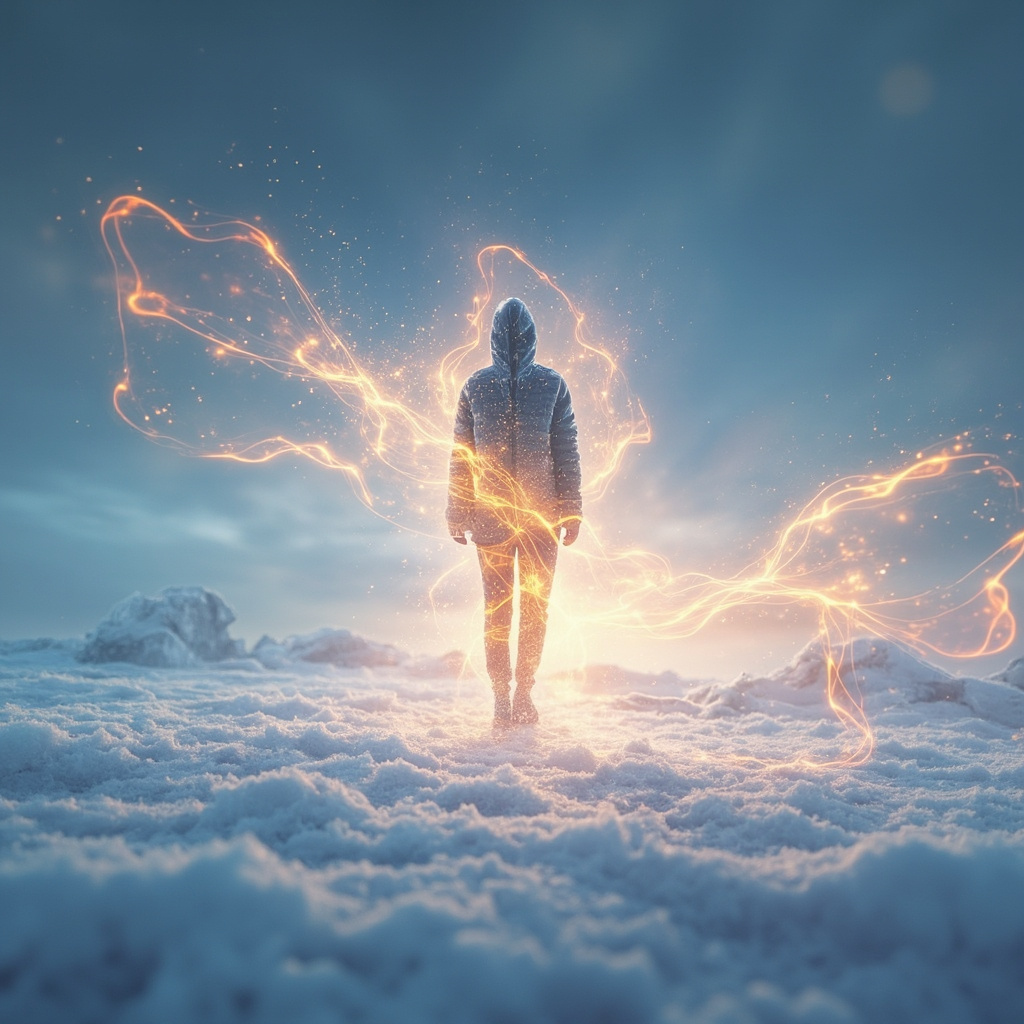 A serene, abstract digital representation of light frequencies gently interacting with a human silhouette, symbolizing warmth and energy restoration in a winter landscape.