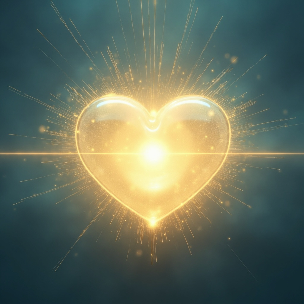 A serene, artistic representation of a glowing, protected heart center with light frequencies radiating outward, soft blue and gold tones, minimalist style.