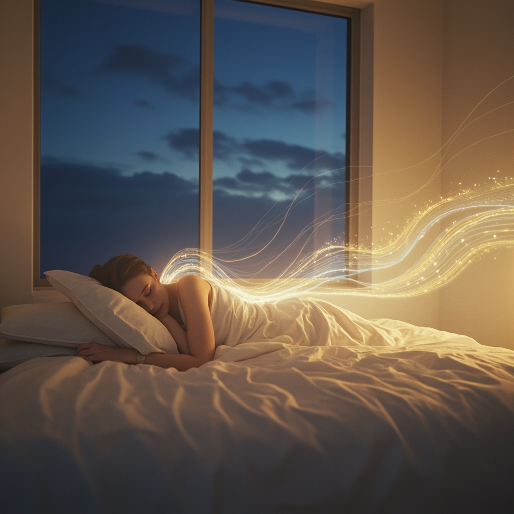 A serene, minimalist bedroom scene at twilight with soft, warm lighting, featuring an abstract representation of gentle energy waves flowing through a person resting peacefully in bed.